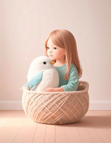 Meisje en vogel in wollig mandje... van Ans Bastiaanssen