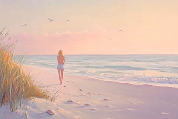 Vrouw op het strand bij zonsondergang van Poster Art Shop