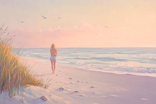 Vrouw op het strand bij zonsondergang