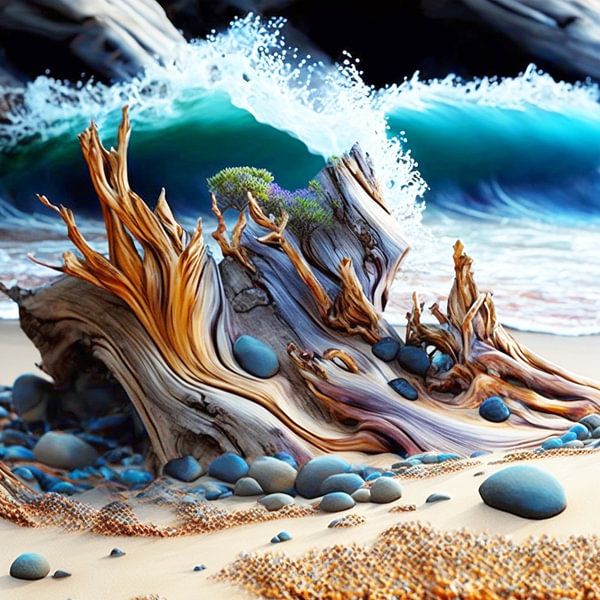 Strand Treibholz Kieselsteine Sand Wellen Gischt Meer Küste von gm_designs