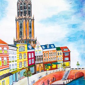 La tour colorée de la cathédrale d'Utrecht au bord du canal sur Maria Lakenman