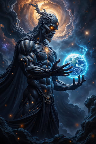 Dark Fantasy Wandbild: ORVAXIS - Der Herr des Kosmos hält die Welt in seinen Händen