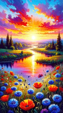 Fluss im Sonnenuntergang mit Blumenwiese, blaue Kornblumen und roter Mohn von AidasignArt