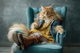 Portret van Lady Velvetpaw - Excentrieke Bohemienne in Teal Fluweel van Joriali Fine Art