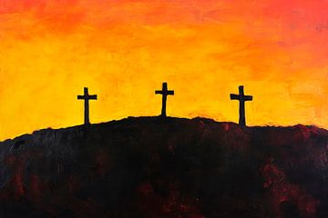 Drie kruizen in de zonsondergang van Poster Art Shop