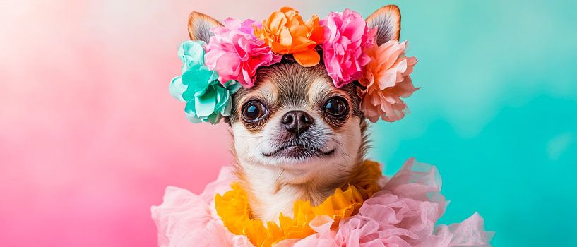 Lively Chihuahua with flower wreath by Poster Art Shop