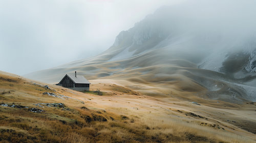 A Lonely Mountain Hut in Thick Fog