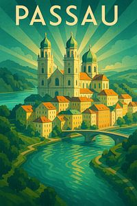 Passau Art Deco Reiseplakat - Stadt Drei Flüsse