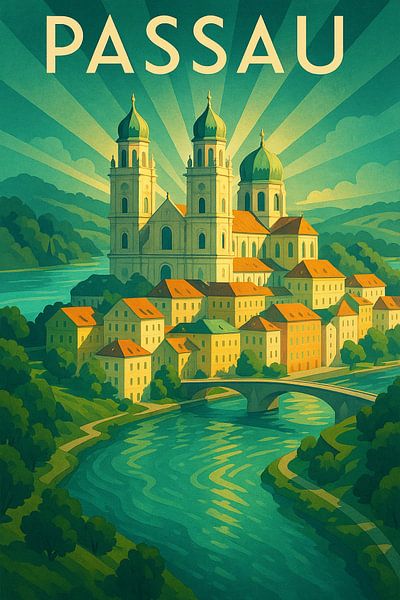 Affiche de voyage Art déco de Passau - Ville de Three Rivers par Travel Shop