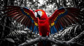 Un ara rouge éclatant dans une jungle spectaculaire aux tons noir et bl & s – Superbe décoration murale sur le thème de la faune sauvage