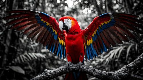 Levendige scharlakenara in een dramatische zwarte en wit & -jungle – Prachtige wanddecoratie met dierenmotieven