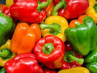 Close-up van glanzende paprika's in verschillende kleuren groen, rood en geel