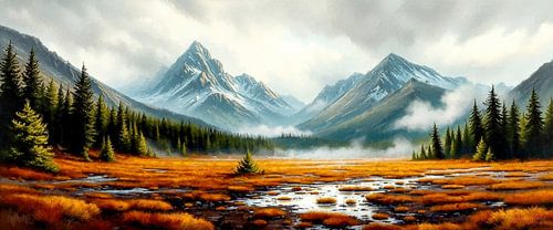 Moorlandschap tussen mist, stilte en alpine grandeur - een panorama van waterplassen, eenzame sparren en een berghorizon doorboord met licht