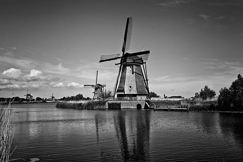 Summer scene in the famous Kinderdijk-channel with a windmill.