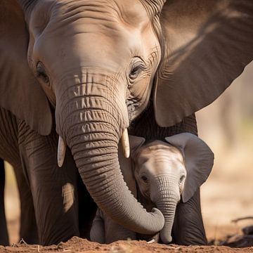 Olifant met jong olifantje van Koffie Zwart