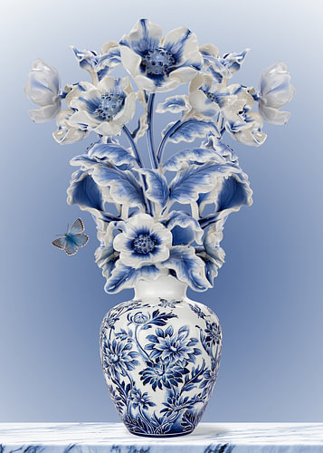 Bloemen in Blauw Keramiek - bloemstilleven
