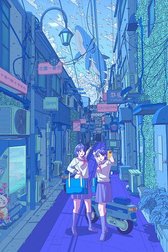 Anime-meisjes die door een steegje in Tokio lopen