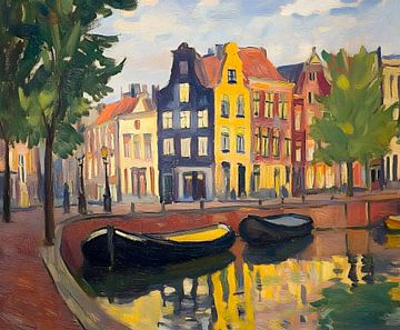 Amsterdam canals: Colourful cityscape with boats and historic houses by But First Framing