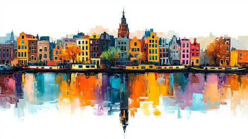 Amsterdam canals with colourful houses watercolour