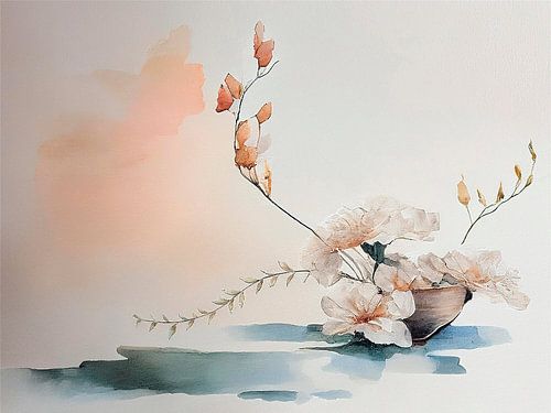 Rustig Japandi Stilleven. Zachte pastelkleuren. Ikebana stijl.