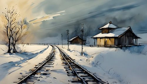 Railway tracks in winter in the north