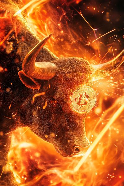 Fiery bull's head in a sea of flames by Poster Art Shop