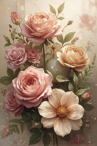 Vintage Kunst met Rozen en Groen