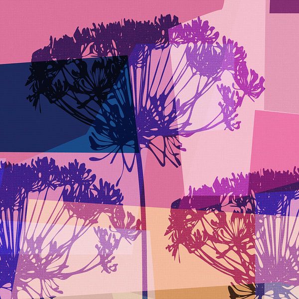 Contemporary botanical with  geometric shapes  in violet, pink, blue by Dina Dankers