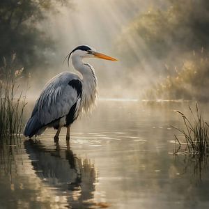 Reiher bei Sonnenaufgang auf dem Wasser