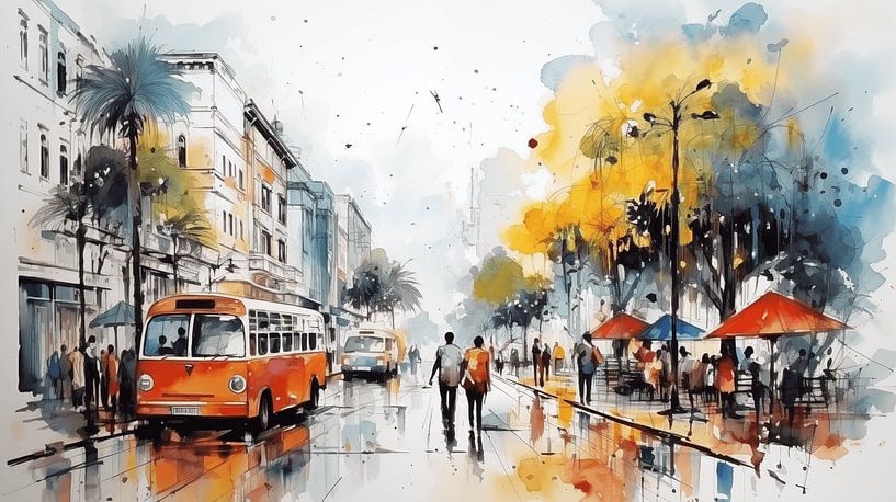 Abstrakte Malerei in der Stadt mit Bus Einkaufszentrum Leute, Haus, Straßen Farbe, Aquarell-Kunst Design von Animaflora PicsStock