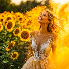 bruid bedekt met geel poeder in een zonnebloemenveld van ArtMomente