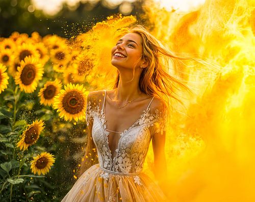 bruid bedekt met geel poeder in een zonnebloemenveld