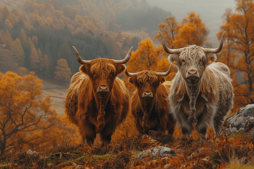 Autumn trio: Highland cattle in the picturesque autumn scenery - a living work of art for nature lovers by Poster Art Shop