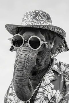 Portret van een olifant met zonnebril en hoed in zwart-wit van Felix Brönnimann