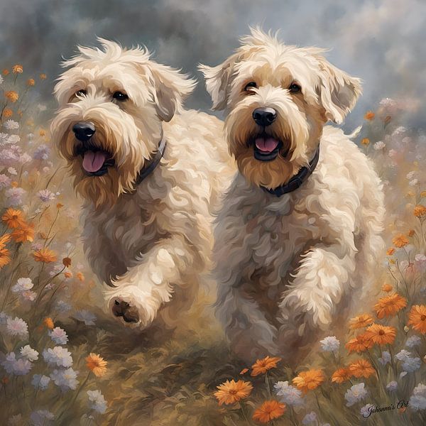 Wheaten Terrier à poil doux jouant dans un champ de fleurs par Johannas Art Creations