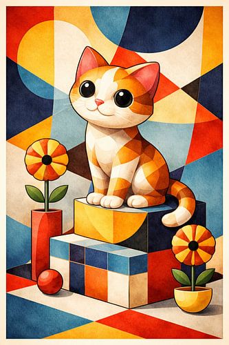 Moderne geometrische kat – Speelse abstracte wanddecoratie