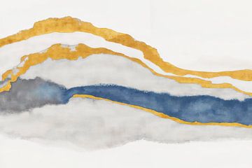 In de stroom van kalme, moderne abstractie in indigogoud van Mad Dog Art