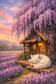 Sleeping Arctic Fox Cottage Lavender Field Art by Faheem Beigh