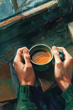 Gezellige ochtend - Kleurrijke illustratie van een koffiemoment van Poster Art Shop
