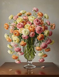 Ranunculus asiaticus in een hoge, doorzichtige glazen vaas van Regan Frederick