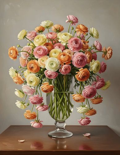 Ranunculus asiaticus in een hoge, doorzichtige glazen vaas