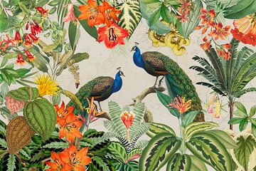 Tropical peacock and exotic blossom jungle landscape