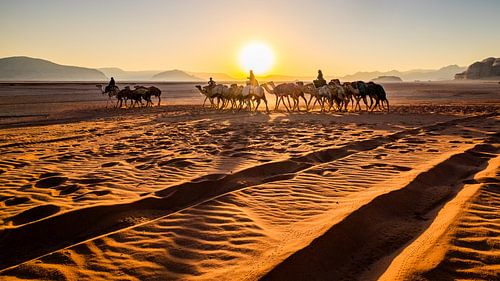 Zonsopkomst in de woestijn bij Wadi Rum, Jordanië.
