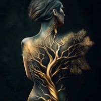 Symbiose mens en natuur. Vrouw en boom.