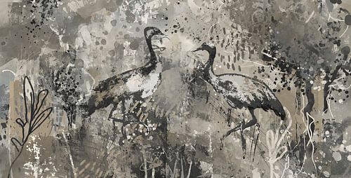 Abstract landschap met twee kraanvogels in taupe greige warmgrijs en beige tinten