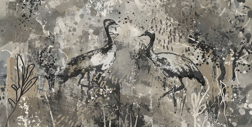 Abstract landschap met twee kraanvogels in taupe greige warmgrijs en beige tinten van Emiel de Lange