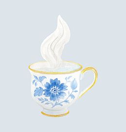 Blaue Porzellan-Teetasse – Hintergrund in nebligem Graublau von Piret Victoria Ribas Art & Photography