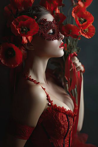 surrealistich portret vrouw met bloemen klaprozen