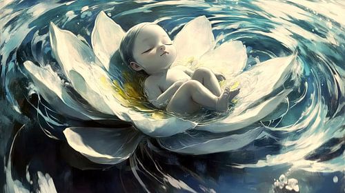 Pasgeboren baby op een waterlelie