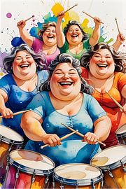 Gezellige dames op het drumstel van De gezellige Dames